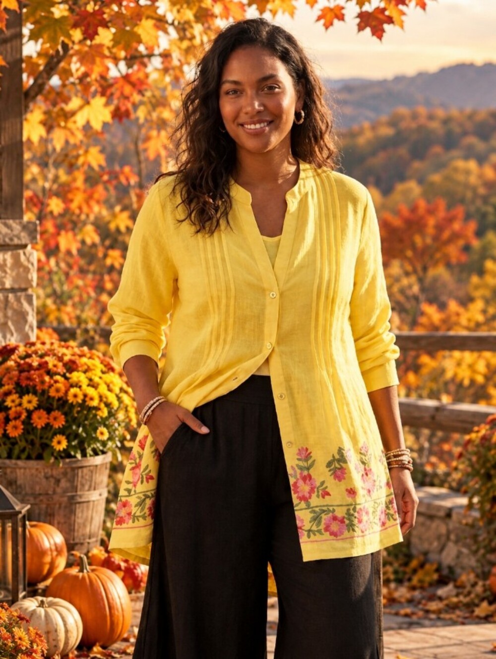 Boho Autumn Yellow Tunic Artsy Resort Lagen Embroidered Floral New 2XL